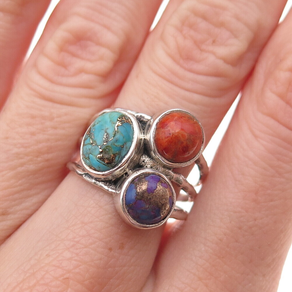 925 Sterling Silver Vintage Real Mohave Multi-Turquoise & Coral Ring Size 7.75